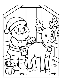 A smiling Santa Claus brushes his cute reindeer in this cheerful santa coloring page.