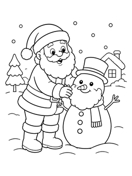Cheerful santa coloring page showing Santa giving his snowman a beard in the snow.