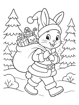 A cheerful christmas bunny coloring page showing a rabbit carrying a gift sack in the snow.