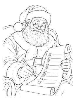 A detailed santa claus is comin to town coloring page showing Santa checking off items on his scroll.