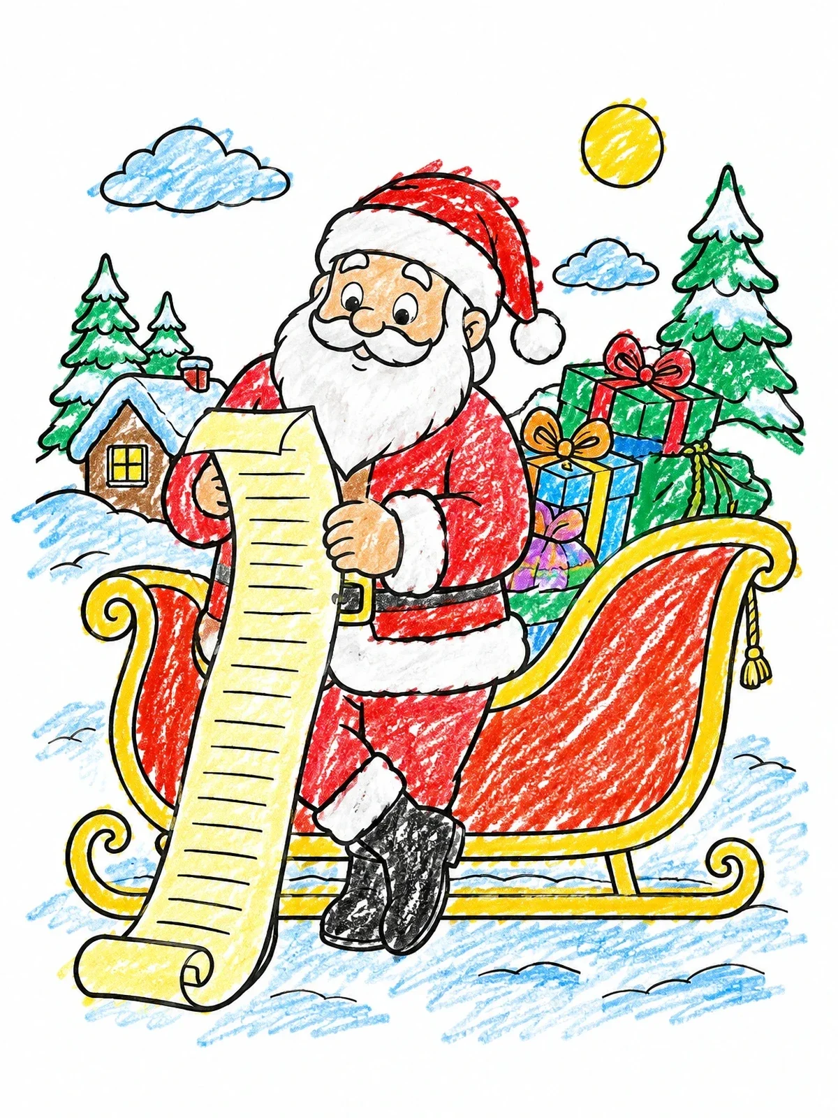 Colored example of the Santa Checking List By His Sleigh coloring page