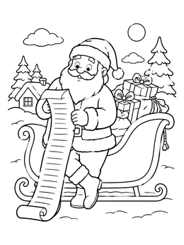 Santa and his sleigh coloring page with a long gift list in the snow.