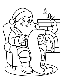 Free printable Santa Checking List By The Fireplace coloring page