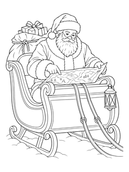 Detailed santa claus coloring page showing Santa reading a map while seated in his sleigh.