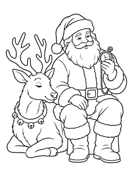 A detailed santa coloring page showing Santa checking his pocket watch beside a calm resting reindeer.