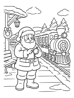 Santa checks his pocket watch in this christmas train coloring page.
