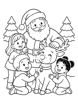 Happy children and Santa petting a reindeer in this festive santa coloring page.