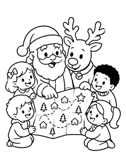 Santa Claus, a reindeer, and happy kids read a Christmas route map in this cute santa coloring page.