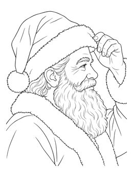 Detailed santa claus coloring page showing a profile view of Santa holding the brim of his hat.