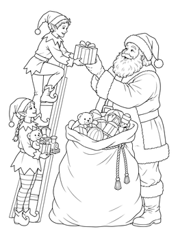 A cheerful santa claus coloring page featuring elves passing presents into a giant toy sack.