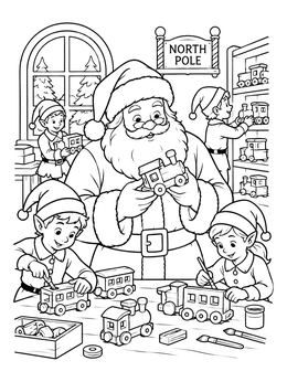 In this Santa Claus coloring page, Santa inspects wooden toy trains alongside cheerful helper elves in his workshop.