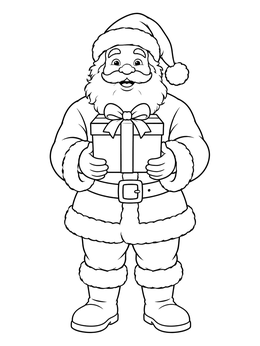 Cheerful santa coloring page showing Santa holding a wrapped gift box with a bow.