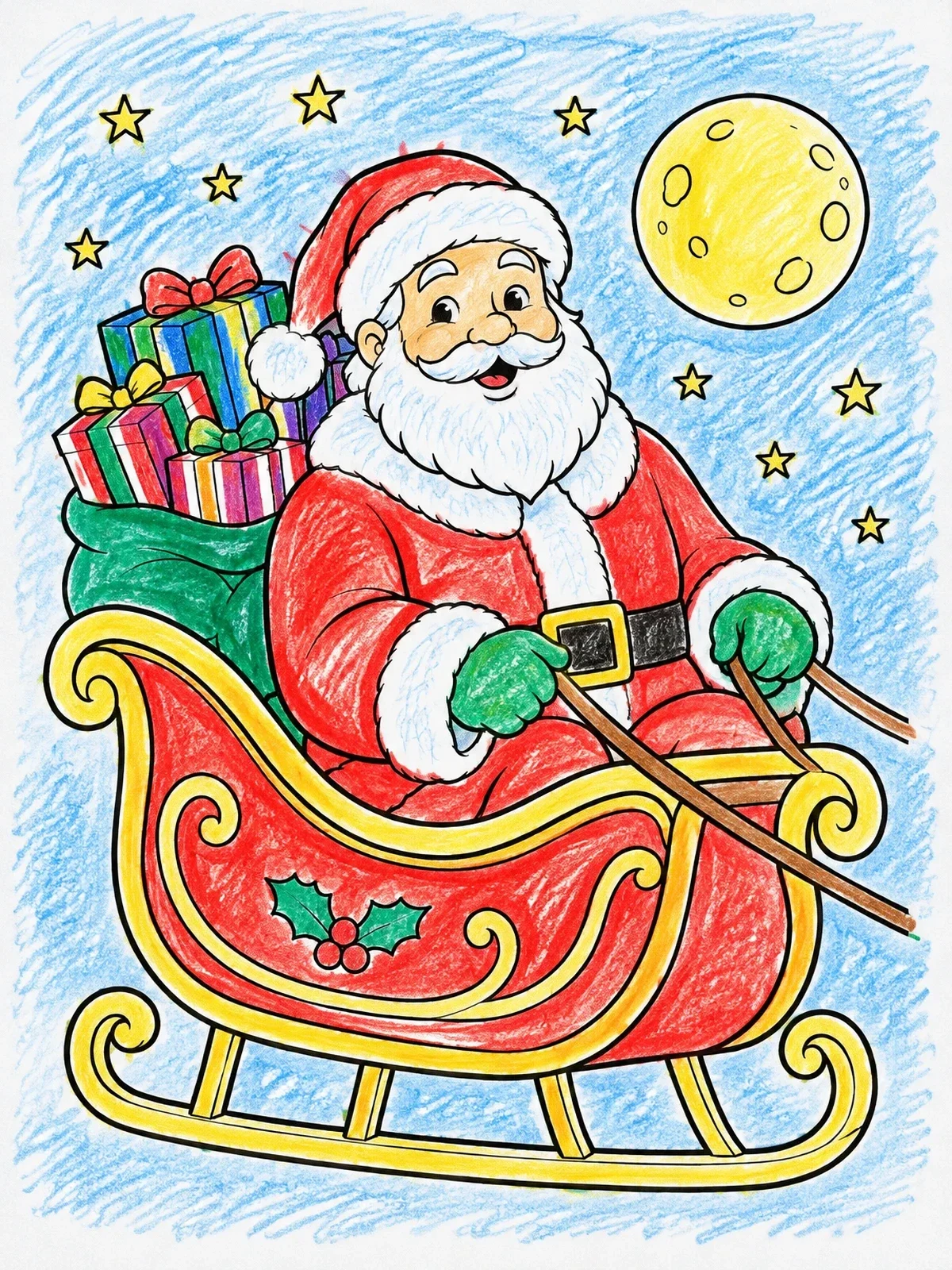 Colored example of the Santa Claus In His Sleigh coloring page