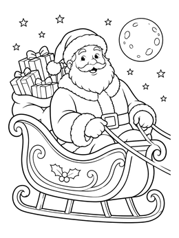 A cheerful santa and his sleigh coloring page with gifts and a moonlit sky.