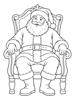 Detailed santa claus coloring page showing Santa sitting comfortably in a grand wooden armchair.