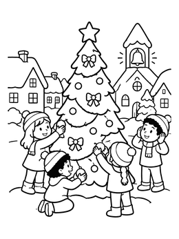Free printable Children Decorating Village Christmas Tree coloring page
