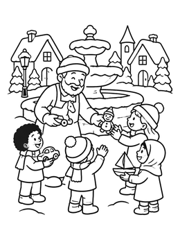 Free printable Toymaker With Children In Snowy Village coloring page
