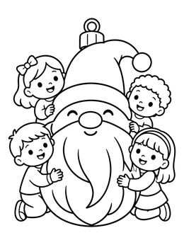 A cheerful Santa Claus ornament coloring page surrounded by smiling children.