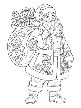 Detailed santa claus coloring page featuring Santa carrying an ornate sack filled with gifts and candy canes.