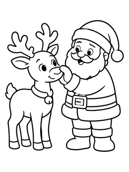 Santa gently pats a young deer's nose in this reindeer coloring page.