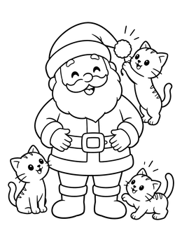 A cheerful Santa coloring page featuring three cute playful kittens batting at his hat pom-pom.
