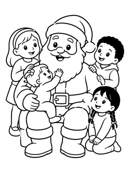 A cheerful santa claus coloring page with smiling children gathered around him.