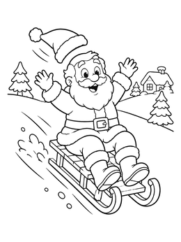 A cheerful santa coloring page with Santa riding a wooden sled down a snowy hill.