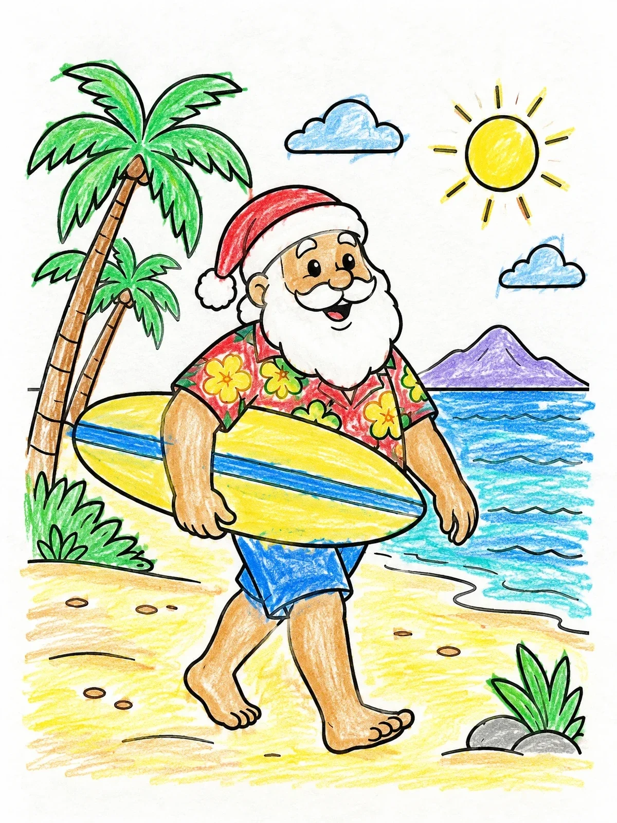 Colored example of the Santa Claus Surfing On The Beach coloring page