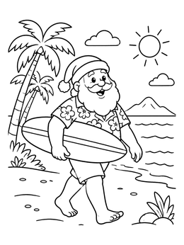 Free printable Santa Claus Surfing On The Beach coloring page