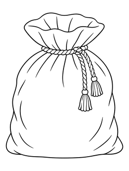 A full gift sack tied with rope featured in this santa and his sleigh coloring page design.