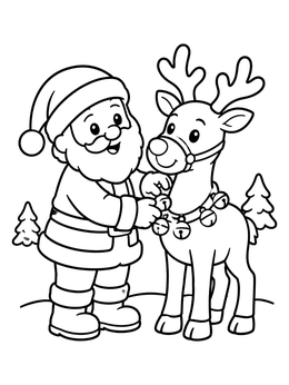 A cheerful santa claus coloring page featuring Santa standing next to his reindeer wearing jingle bells.