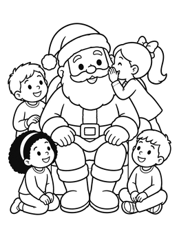 A cheerful santa coloring page with excited children whispering wishes.