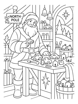 Santa Claus is comin to town coloring page showing him crafting wooden cars and bells at his workshop bench.