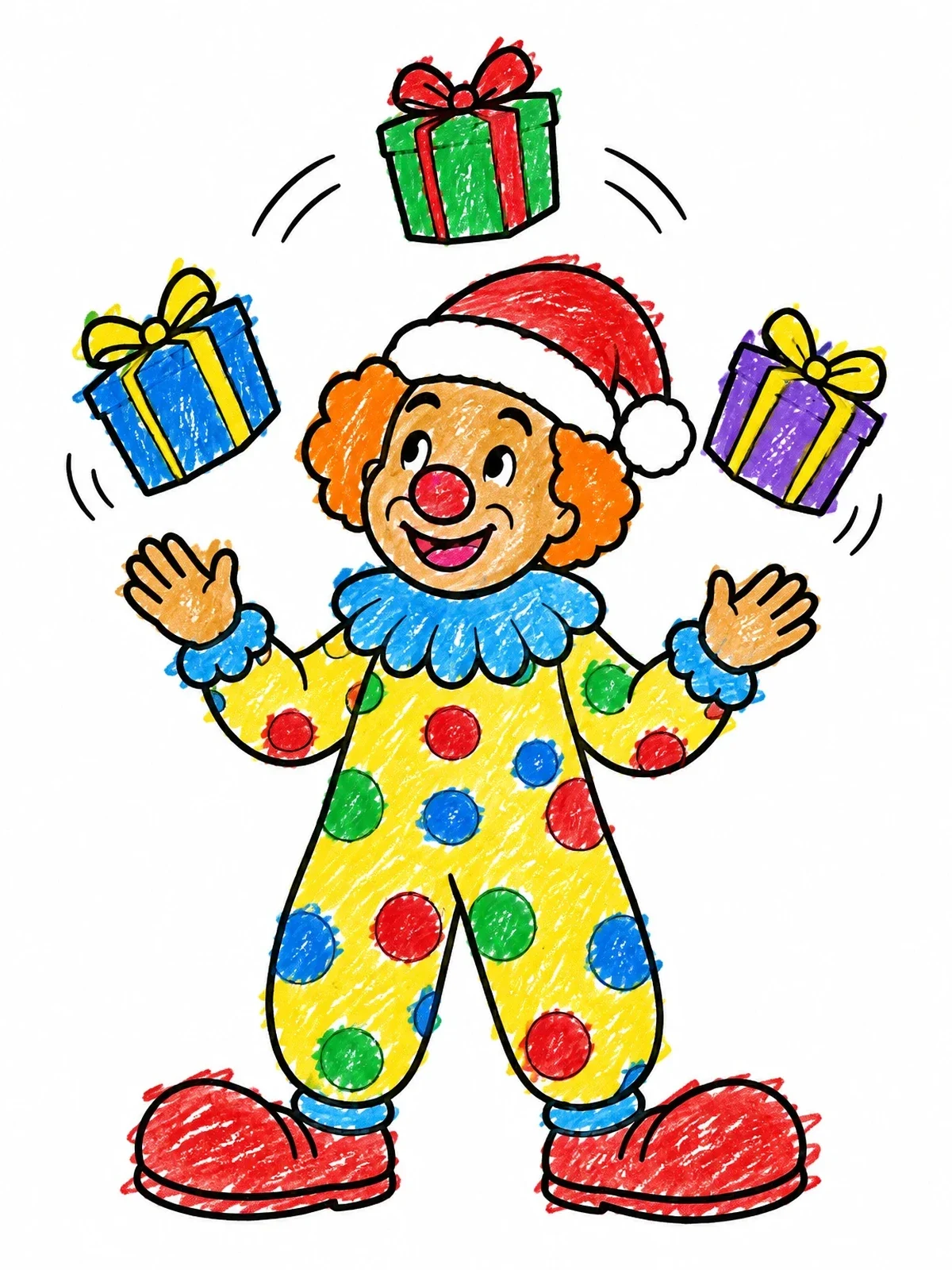 Colored example of the Santa Clown Juggling Presents coloring page
