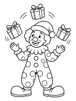 Free printable Santa Clown Juggling Presents coloring page