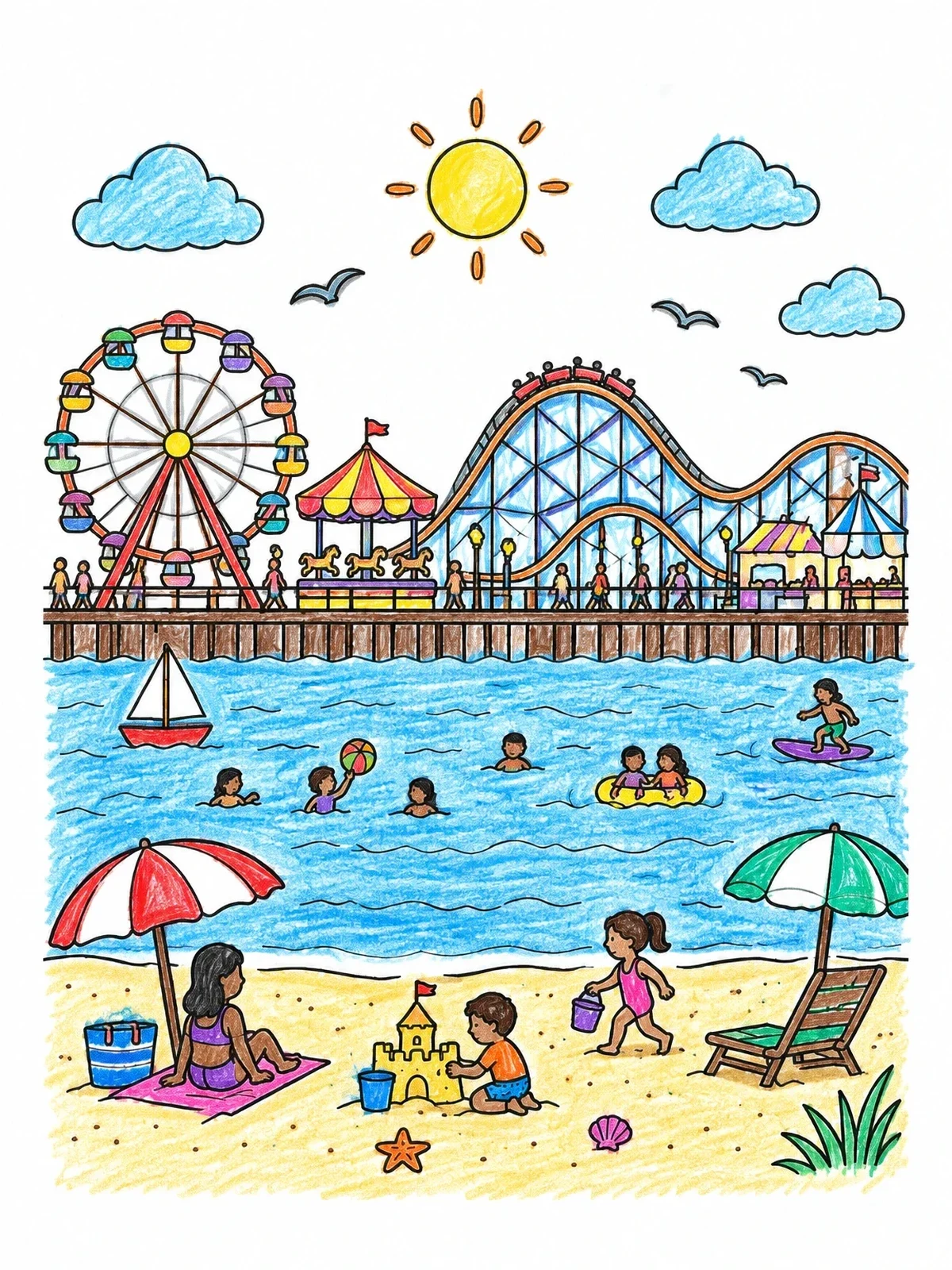 Colored example of the Sunny Santa Cruz Boardwalk Beach Day coloring page