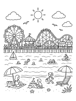 Free printable Sunny Santa Cruz Boardwalk Beach Day coloring page