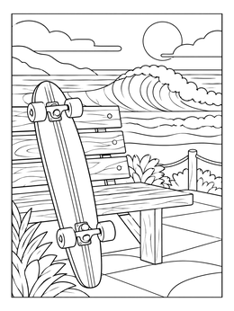A longboard leaning against a park bench in this santa cruz coloring page.