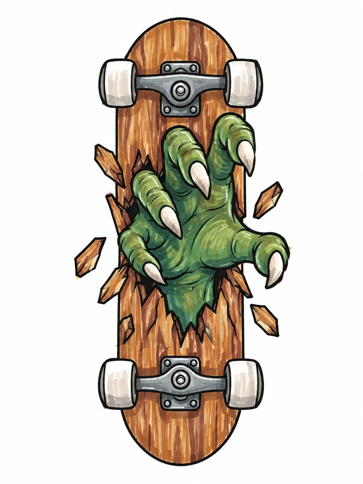 Colored example of the Monster Hand Skateboard Deck coloring page