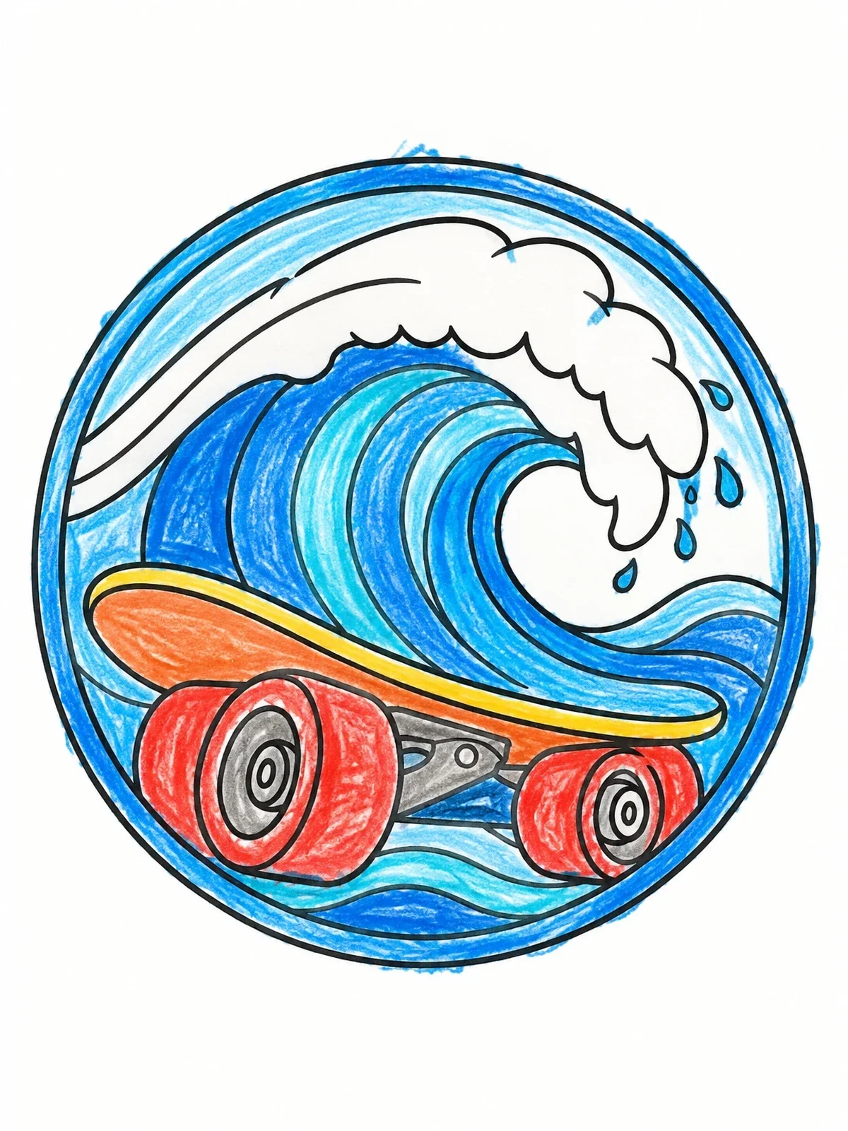 Colored example of the Ocean Wave And Skateboard Emblem coloring page