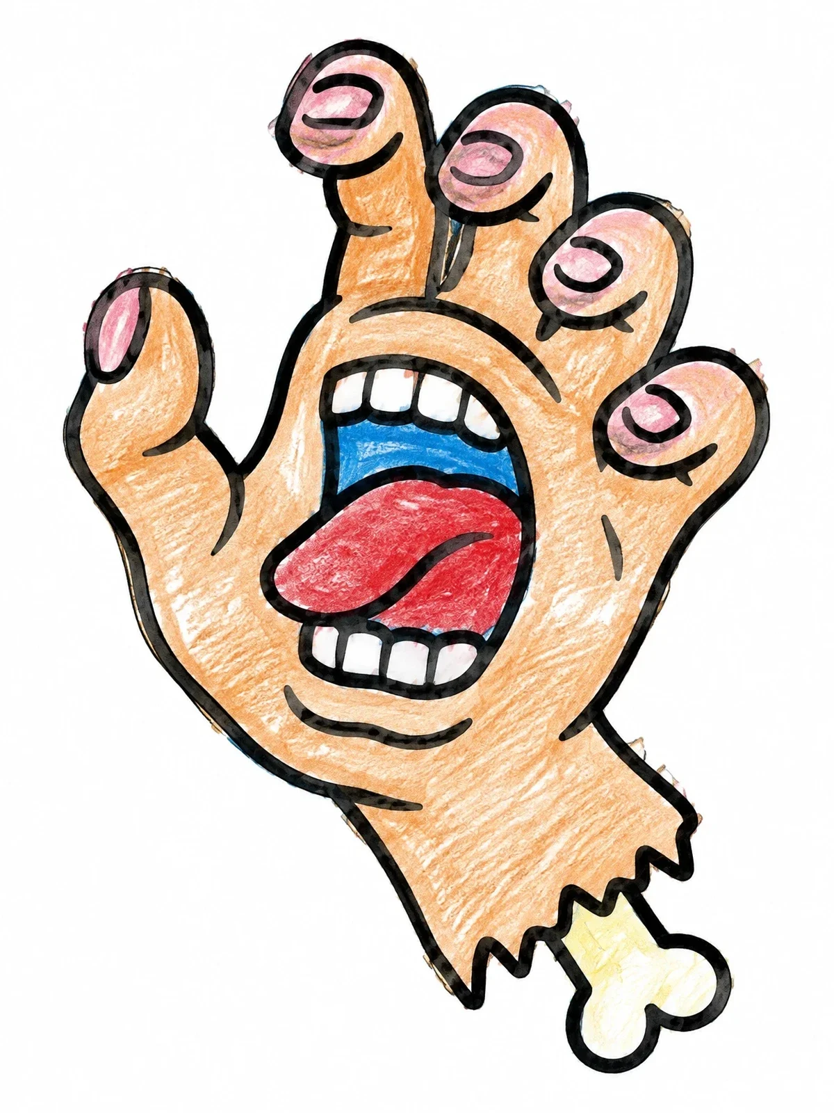 Colored example of the Classic Santa Cruz Screaming Hand Art coloring page