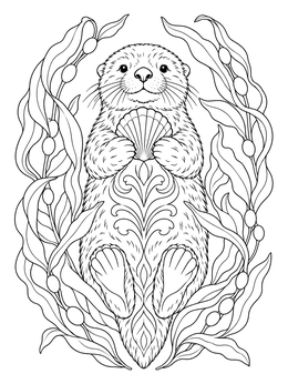 A sea otter floats holding a shell in this Santa Cruz coloring page framed by ocean kelp.