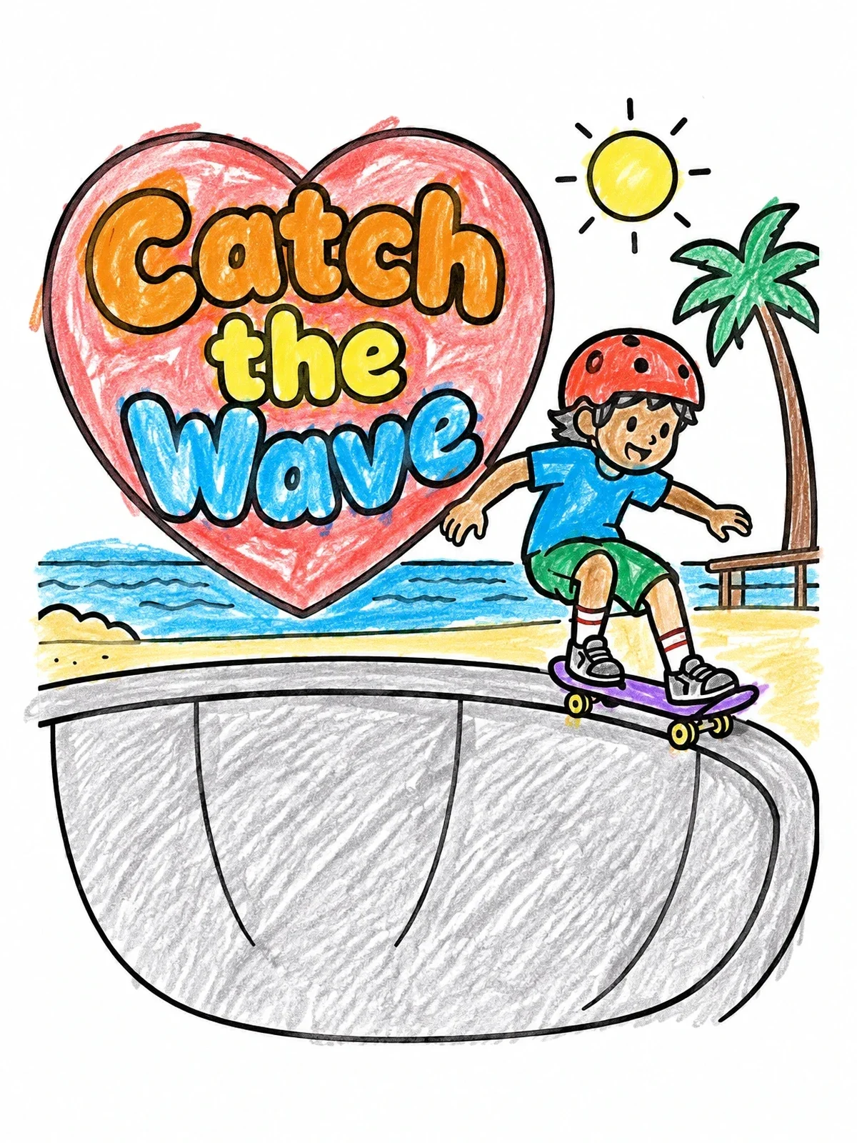 Colored example of the Skater Boy At The Beach coloring page