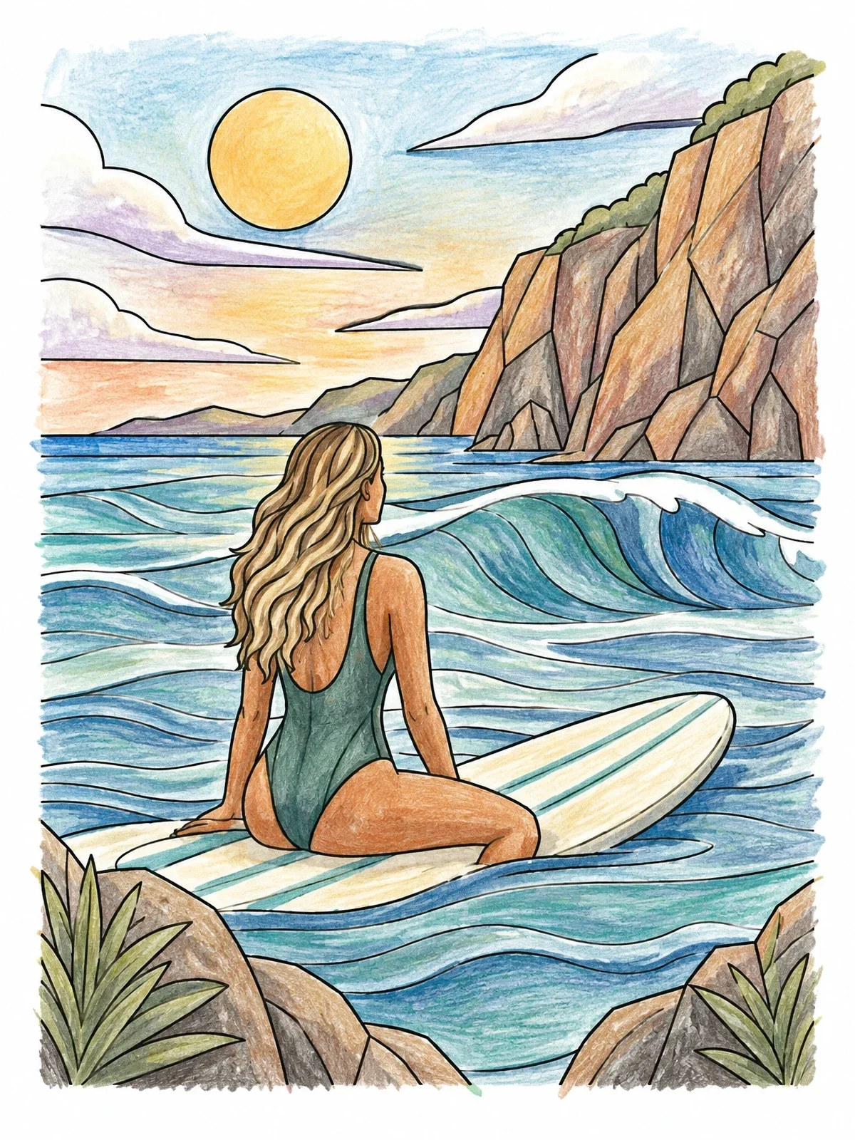 Colored example of the Surfer Watching Coastal Waves coloring page