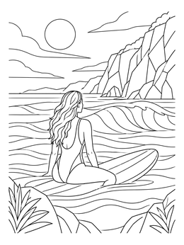 A surfer sits on a board facing coastal cliffs in this santa cruz coloring page.