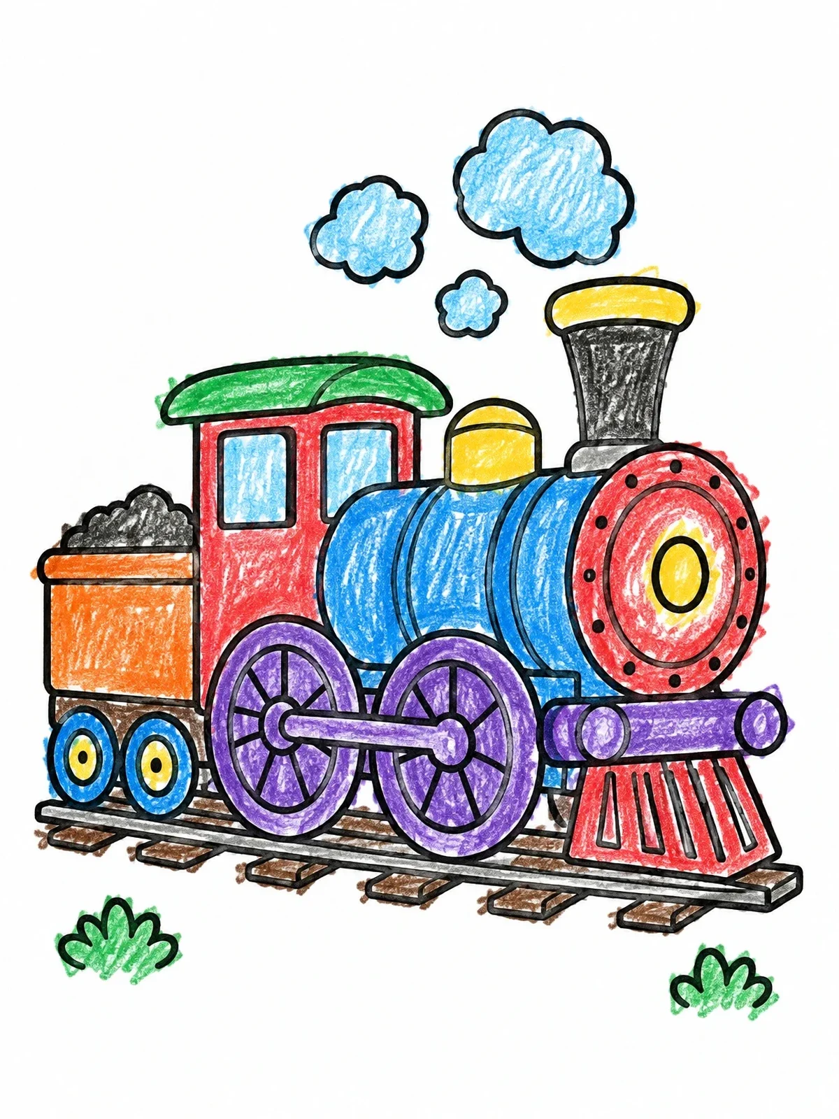 Colored example of the Vintage Steam Train On Tracks coloring page