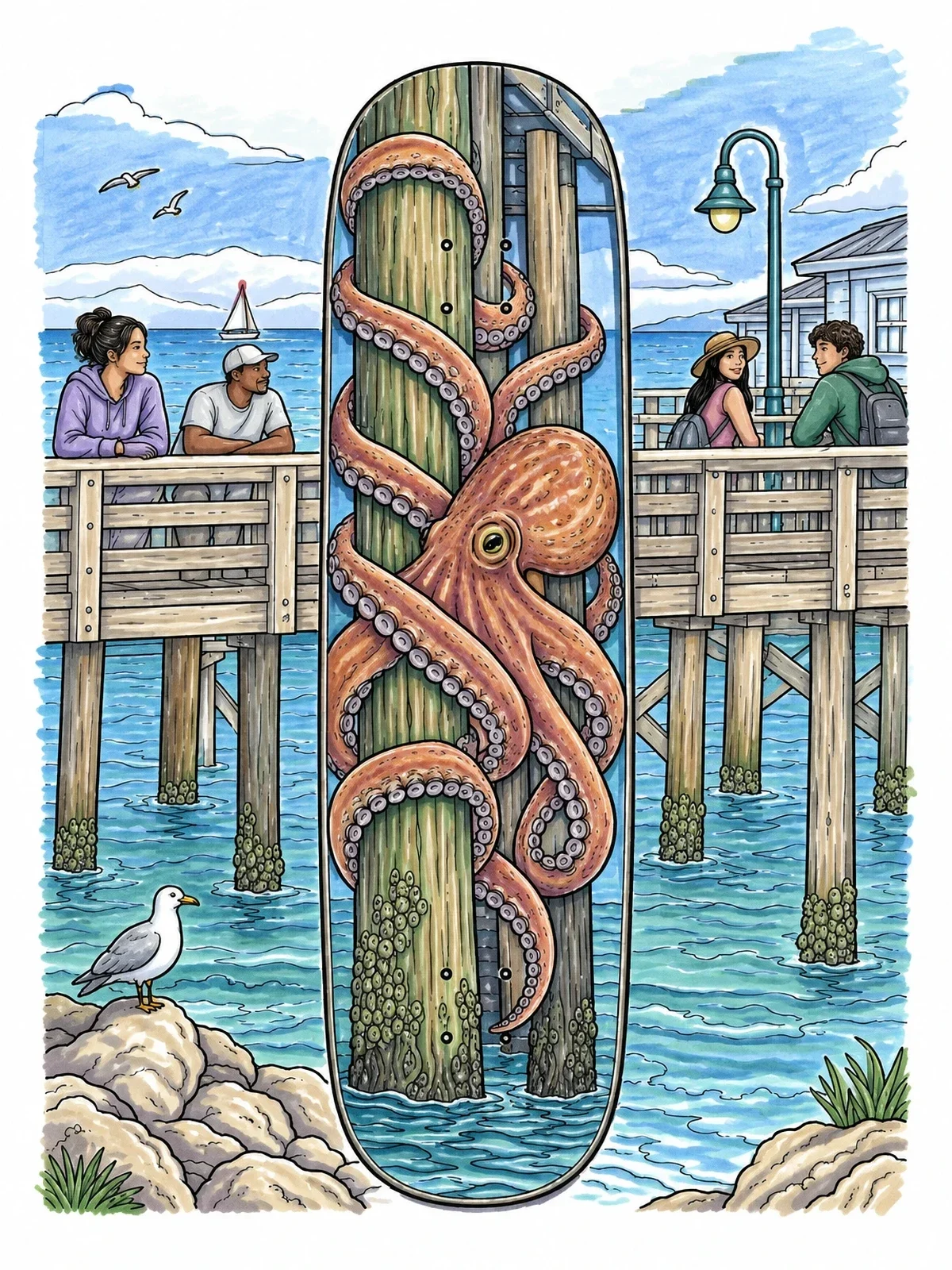 Colored example of the Santa Cruz Wharf Skateboard Art coloring page