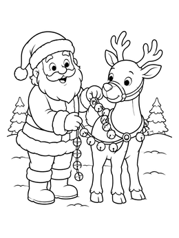 Cheerful santa coloring page showing Santa wrapping jingle bells on his reindeer.