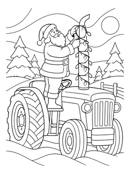 Santa stands on a festive vehicle in this cheerful christmas tractor coloring page.