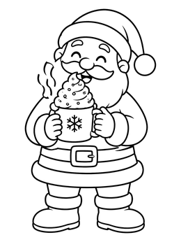 A cheerful santa claus coloring page featuring Santa enjoying a warm mug of hot cocoa.